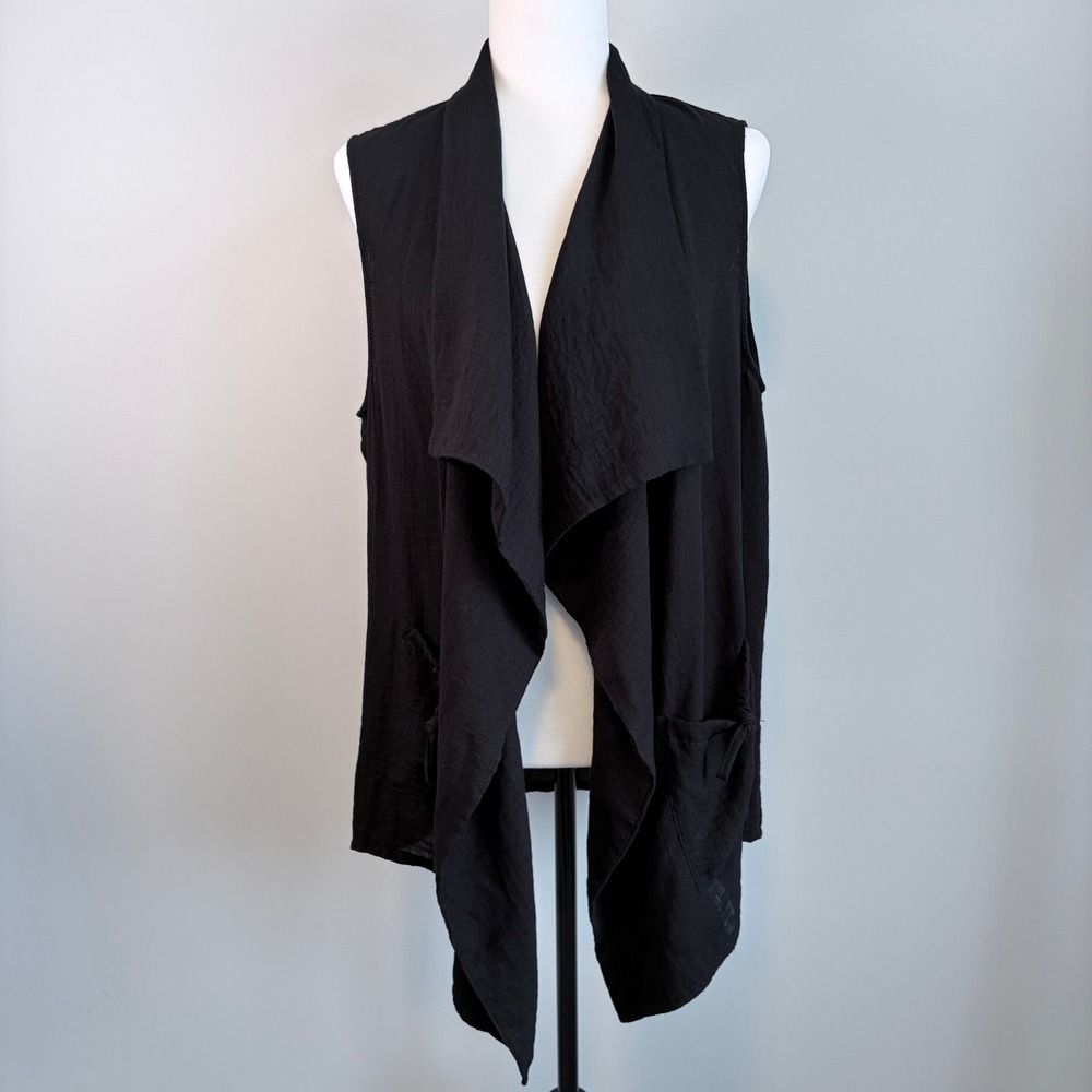 Lightweight Vest Tunic Length Lagenlook Layering Artsy Sheer Black Women's Large